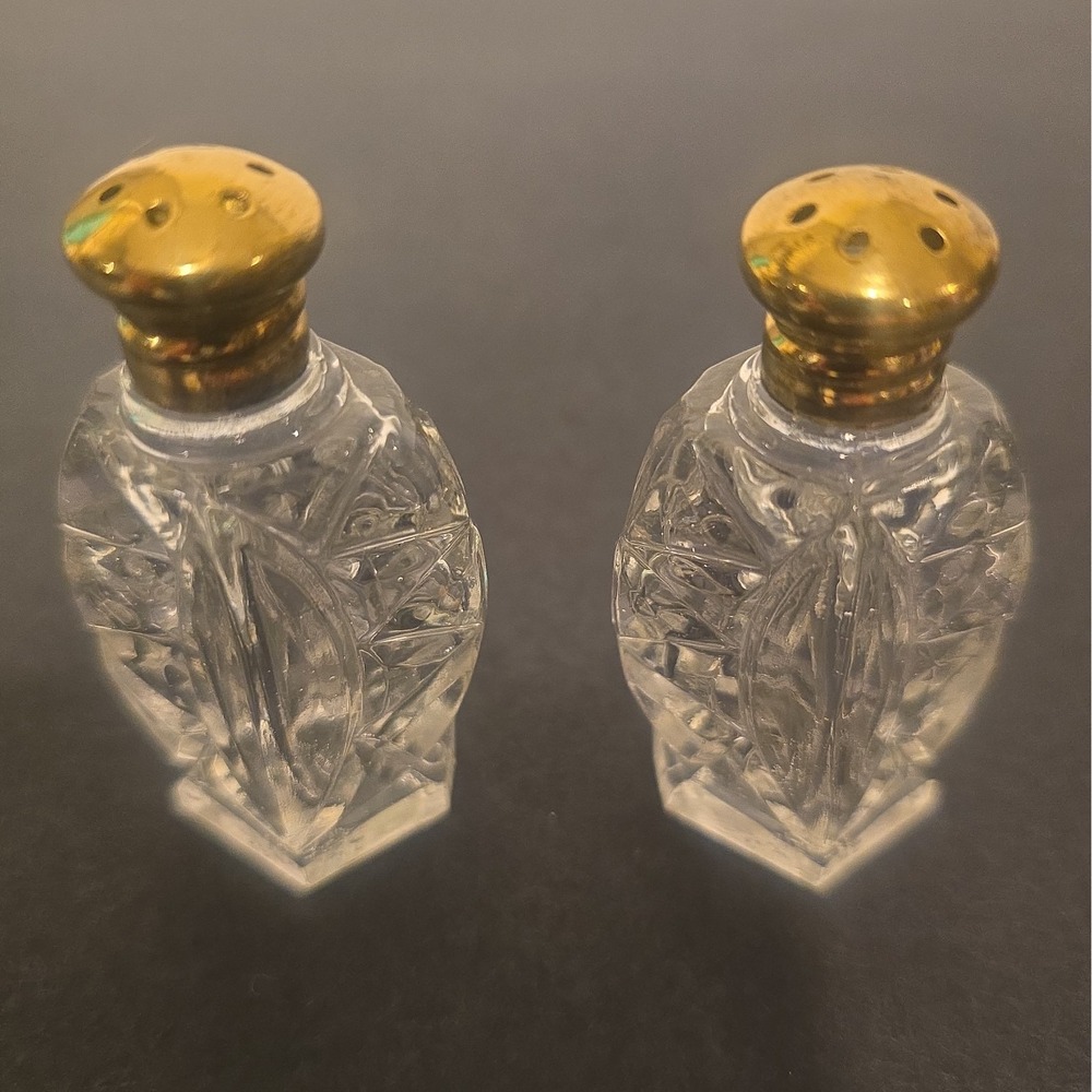 Vintage Crystal Salt Pepper Shakers Cut Glass Gold Tone Tops Japan Pair